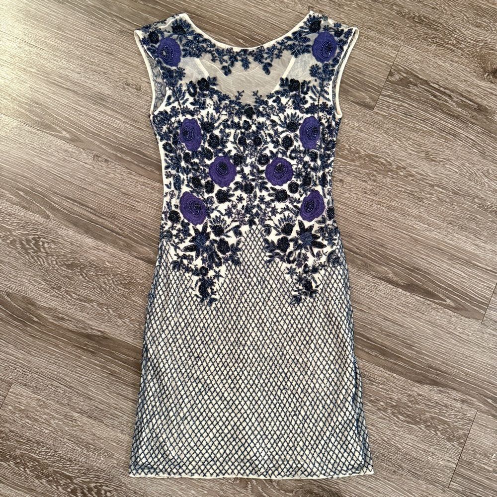 Parker Navy and Tan Beaded Dress